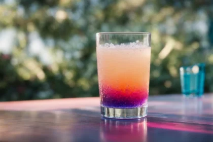 a glass of water infused with vibrant colored electrolyte powder sits on a table, radiating energy and hydration.