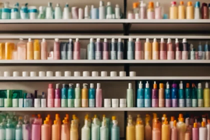 a row of colorful face wash bottles lined up on a shelf.