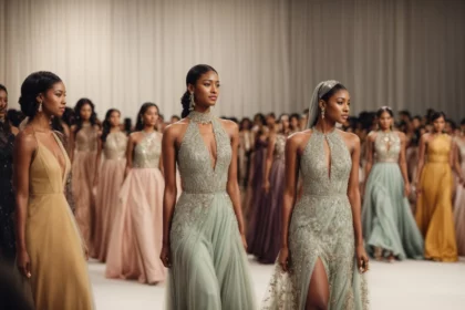a diverse group of people showcasing a variety of elegant dresses at a fashion show runway event.