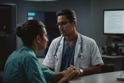 a doctor is conversing with a patient in a clinic while a computer screen displays a medical software interface in the background.
