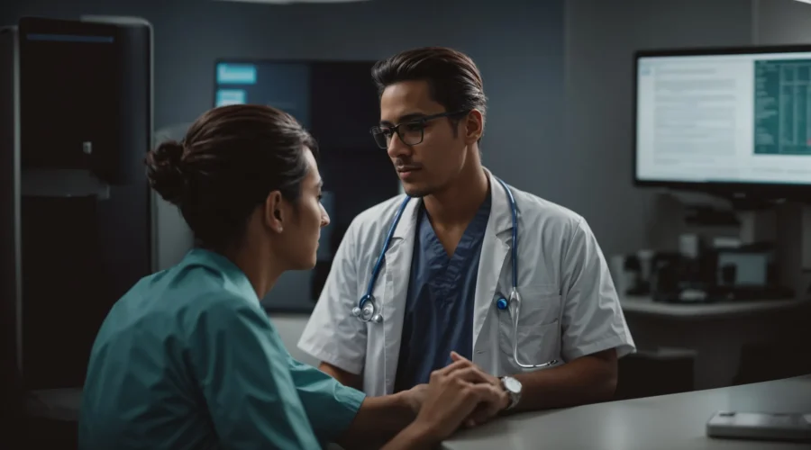 a doctor is conversing with a patient in a clinic while a computer screen displays a medical software interface in the background.