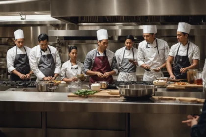 a group of people in an nyc cooking class intently watches a chef demonstrate a cooking technique at a large kitchen island.